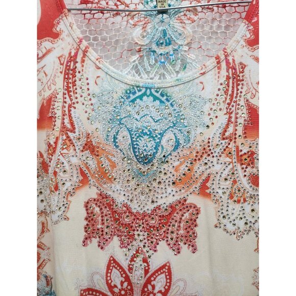 Reba Womens BOHO Tunic Top Small Orange Blue Lace Paisley Rhinestone Long Sleeve - Picture 2 of 9